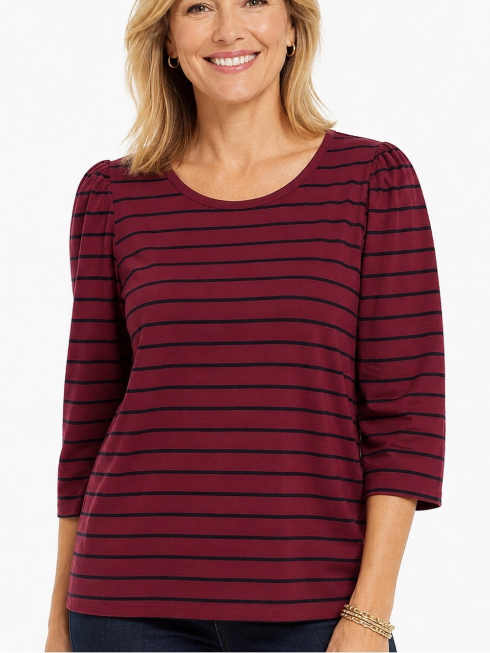 NWT Talbots Red Stripe Pima Cotton Knit Top Puff Sleeve Burgundy Classic Size XL